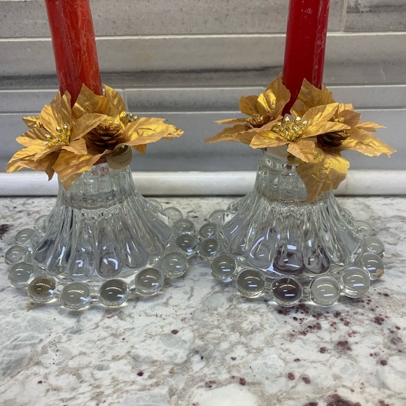 Set of 2 Vintage Imperial Bubble Style Clear Short Glass Candle Holders - Picture 2 of 6